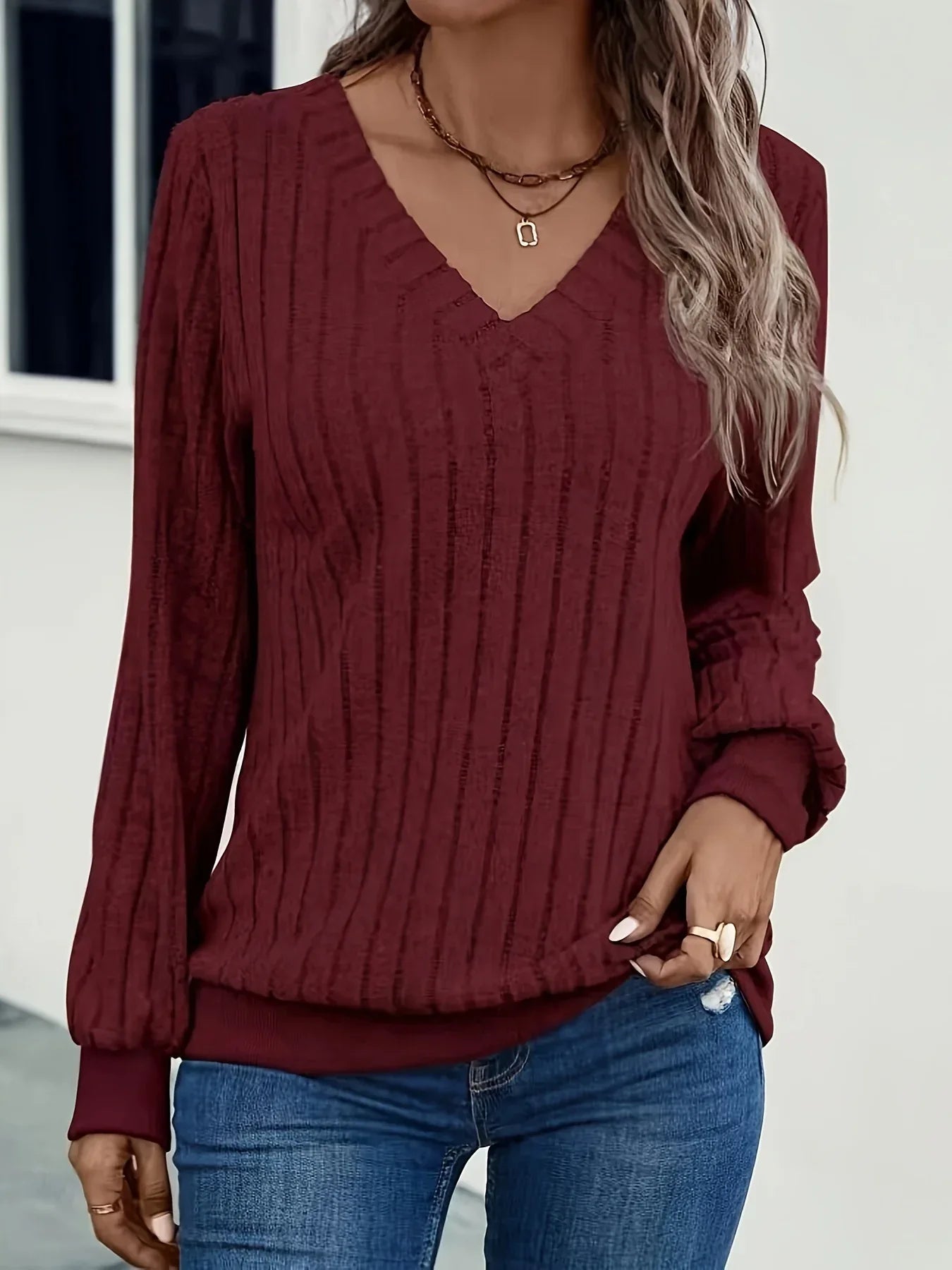 Women'S Cozy V-Neck Long Sleeve Sweater - Olive Green Ribbed, Loose Fit, Casual Style, Perfect for Fall/Winter, Casual Winter Wear|Vneck Sweater|Ribbed Texture