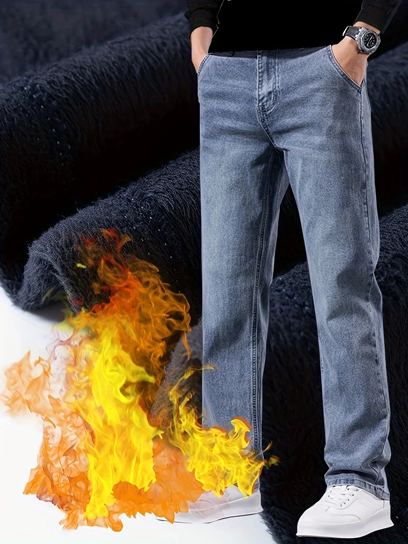 Winter New Arrival Fleece-Lined Thickened Minimalist Stretch blue trousers, long pants