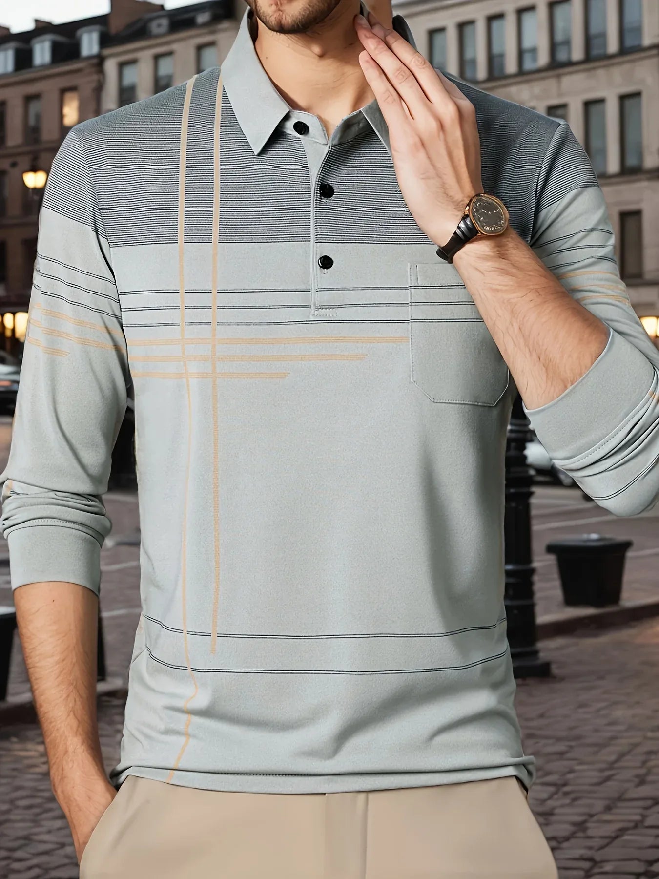 Men's Vintage-Inspired Striped Shirt with Chest Pocket - Breathable, Long Sleeve, Button Detail for Golf & Outdoor Activities