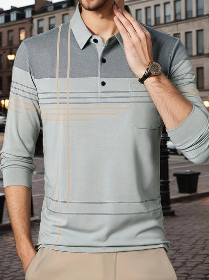 Men's Vintage-Inspired Striped Shirt with Chest Pocket - Breathable, Long Sleeve, Button Detail for Golf & Outdoor Activities