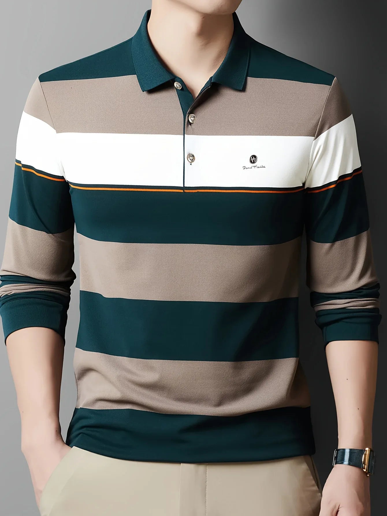 Men'S Long Sleeve Shirt - Formal & Casual Button-Up Shirt with Dark Green & Beige Horizontal Stripes, Button-Front Placket, Non-Stretch Fabric for Office, Golf, Casual Attire - Spring/Fall Wardrobe Essential, Spring Fashion,