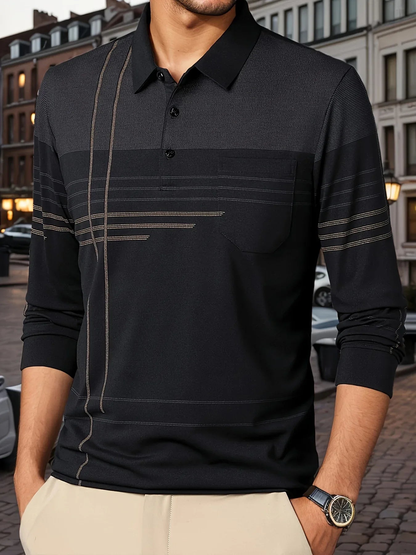 Men's Vintage-Inspired Striped Shirt with Chest Pocket - Breathable, Long Sleeve, Button Detail for Golf & Outdoor Activities