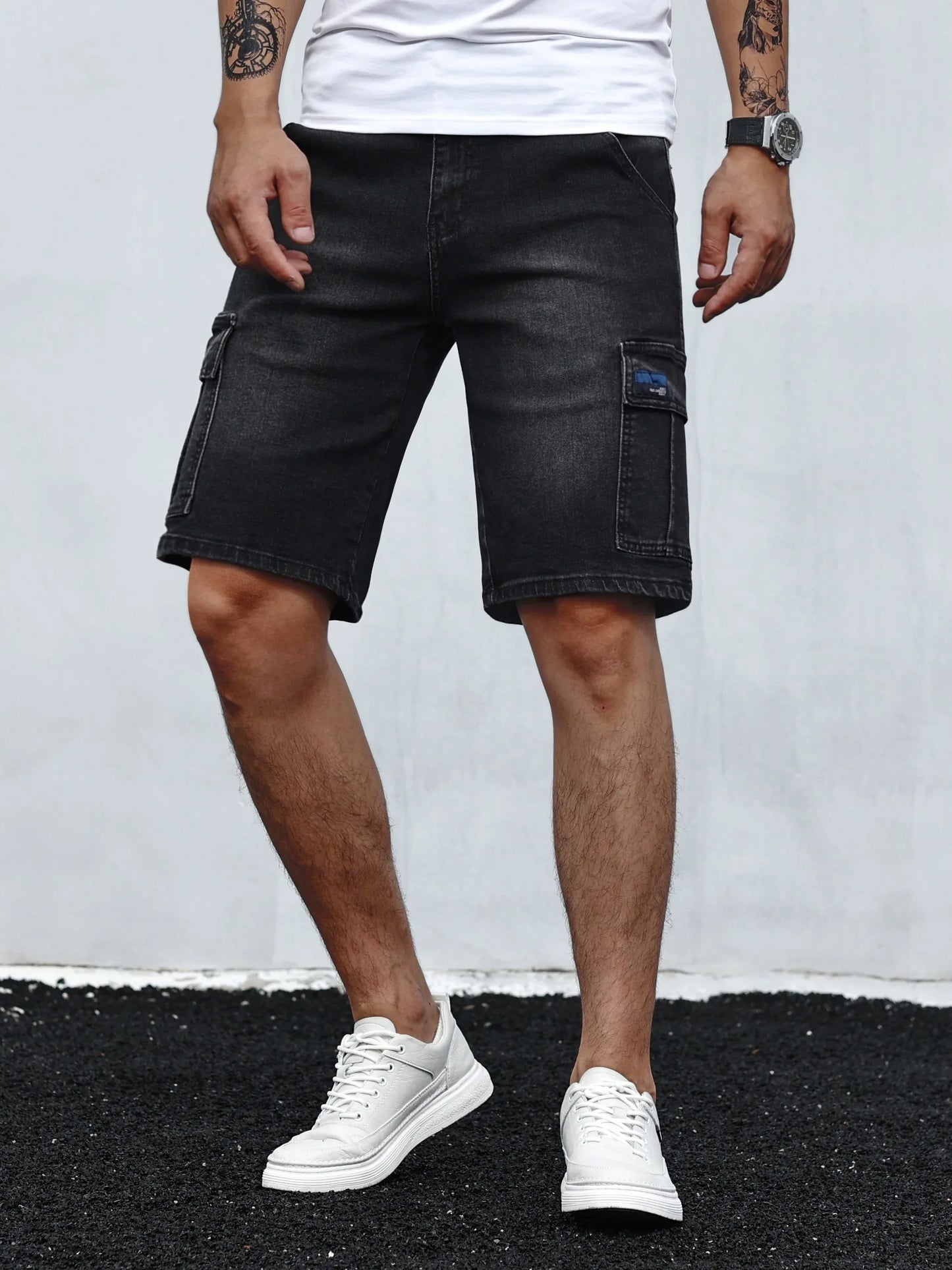 Men's Stretch Denim Shorts - Multi-Pocket Casual Streetwear with Knee-Length, Machine Washable Everyday & Formal Shorts for Urban Outfits - Non-See-Through Denim Construction