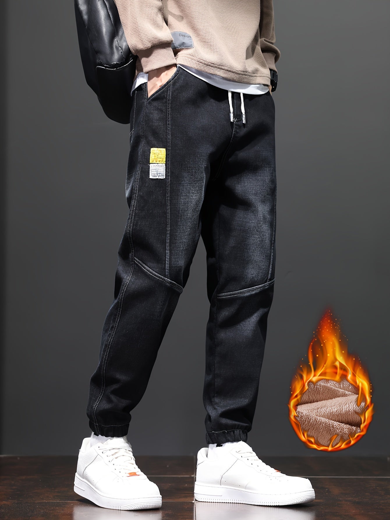 Fleece-Lined Stretch Denim Joggers