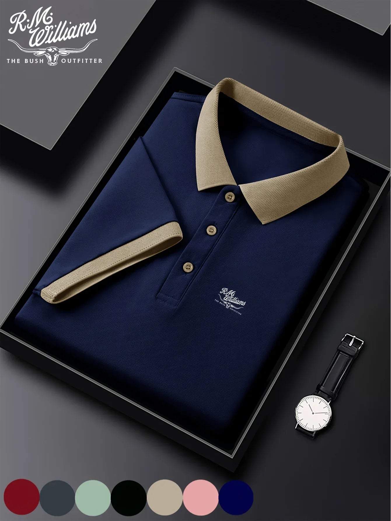 R.M.Williams Men'S Casual Summer Shirt - Beige with Green Collar & Cuffs, Button-Up Collar, Short Sleeve, Regular Fit for Gym, Outdoor Activities & Casual Attire, Gym Apparel, Classic Collar Design, Comfortable Fit