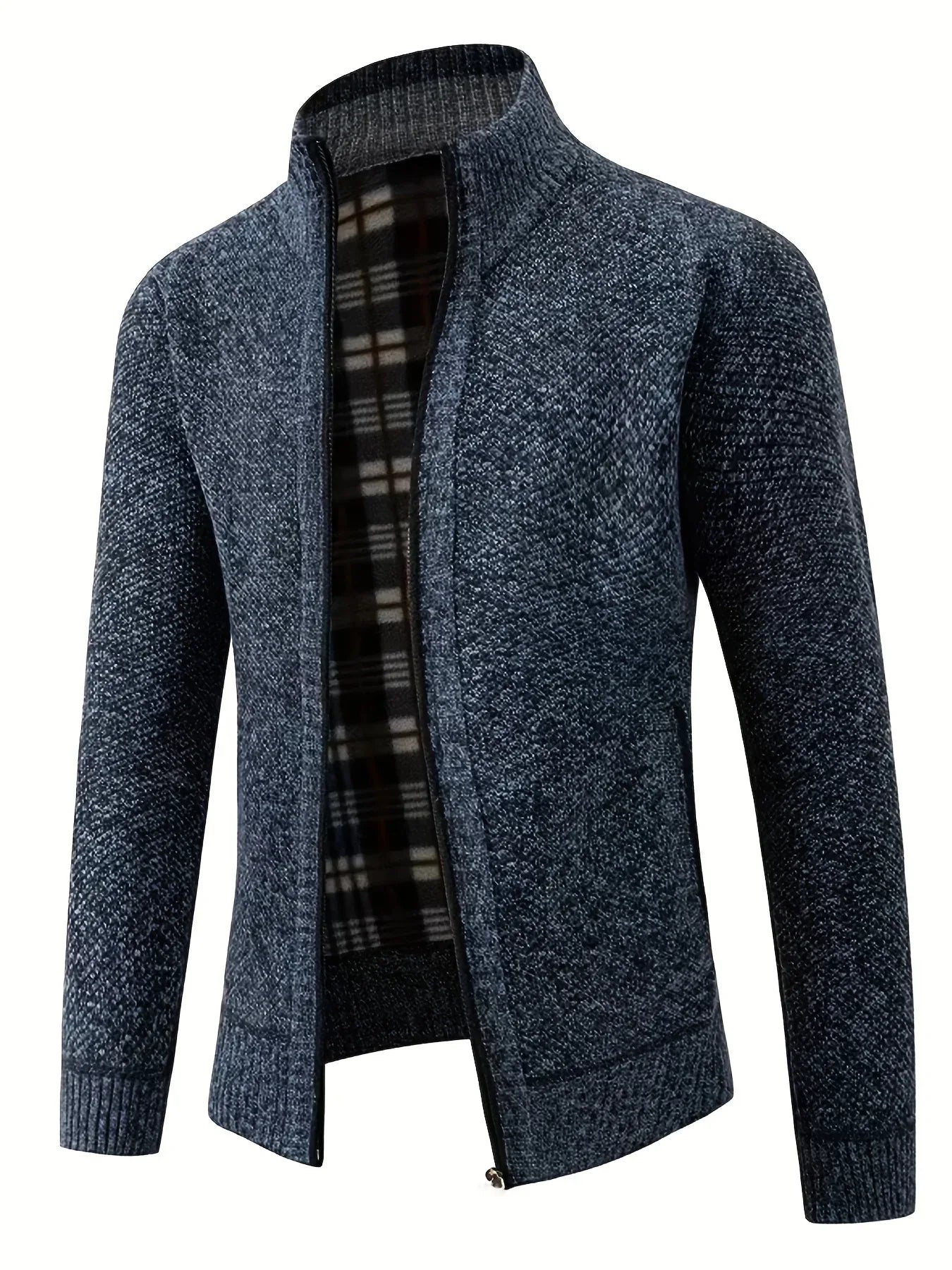 Men'S Thick Fleece Zip-Up Cardigan - Casual Long Sleeve Knit Sweater with Stand Collar, Solid Color, Regular Fit for Fall/Winter, Comfortable Layering Piece, Winter Cardigan, Autumn Outerwear, Modern Casualwear, Durable Fabri