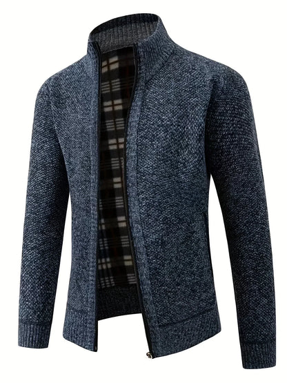 Men'S Thick Fleece Zip-Up Cardigan - Casual Long Sleeve Knit Sweater with Stand Collar, Solid Color, Regular Fit for Fall/Winter, Comfortable Layering Piece, Winter Cardigan, Autumn Outerwear, Modern Casualwear, Durable Fabri