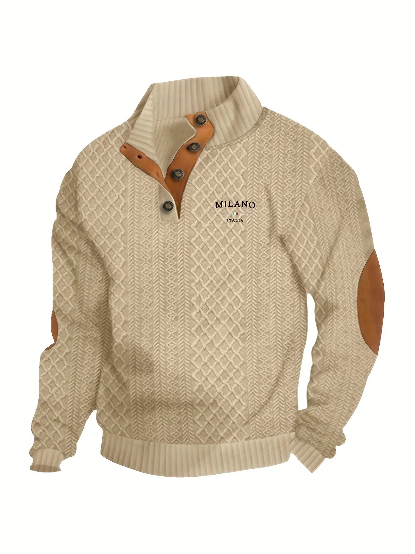 Men'S Autumn-Winter Christmas Stand Collar Jacquard Knit Sweater | Casual Style, 280g/m², High Collar, Button Details, Suitable for Outdoor Leisure and Holiday Gifts