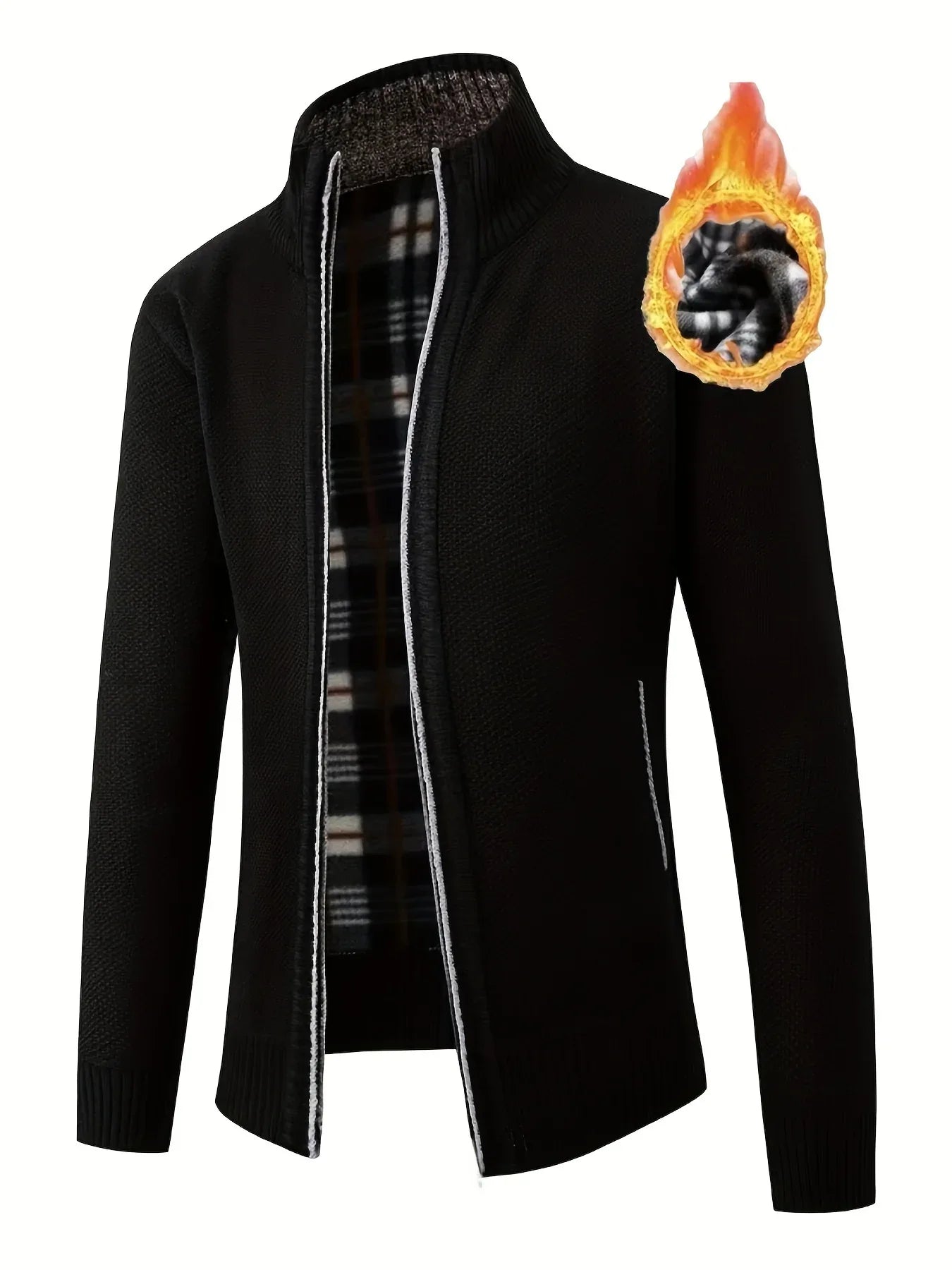 Men'S Thick Fleece Zip-Up Cardigan - Casual Long Sleeve Knit Sweater with Stand Collar, Solid Color, Regular Fit for Fall/Winter, Comfortable Layering Piece, Winter Cardigan, Autumn Outerwear, Modern Casualwear, Durable Fabri