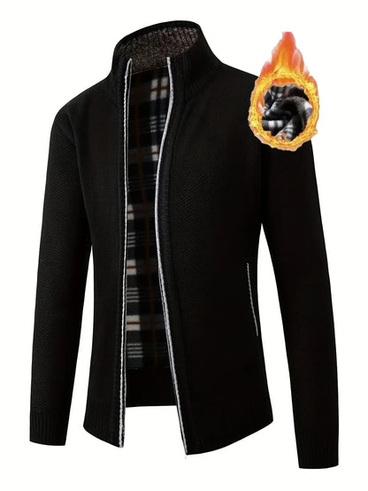 Men'S Thick Fleece Zip-Up Cardigan - Casual Long Sleeve Knit Sweater with Stand Collar, Solid Color, Regular Fit for Fall/Winter, Comfortable Layering Piece, Winter Cardigan, Autumn Outerwear, Modern Casualwear, Durable Fabri