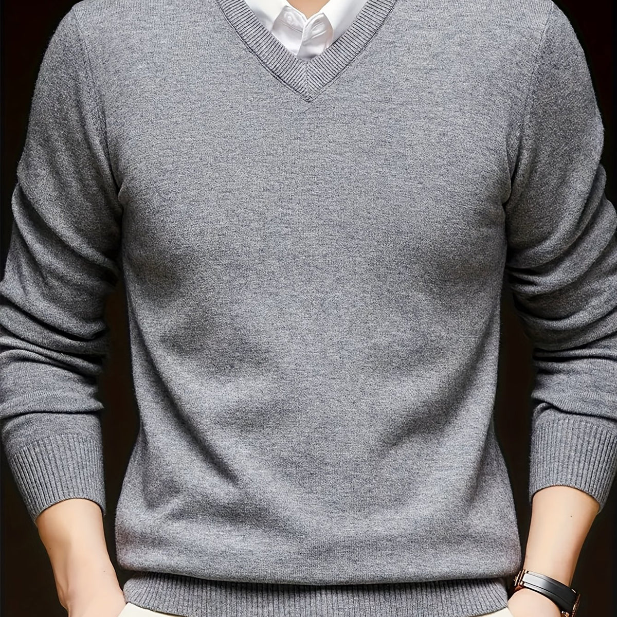 Cross-Border New Autumn Winter Men'S Solid Color V-Neck Knit Sweater Pullover (Men'S Warm Top) - Grey / NZ 36