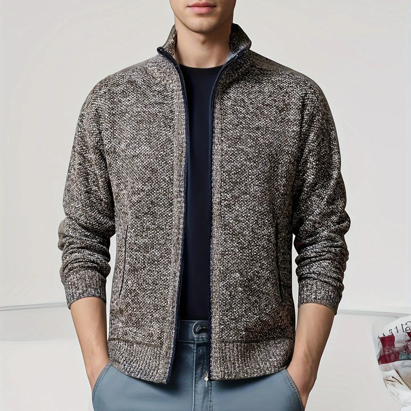 Men'S Knitted Cardigan Sweater | High Neck, Long Sleeve, Rib-Knit, All-Season, Casual Style