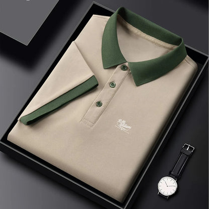 R.M.Williams Men'S Casual Summer Shirt - Beige with Green Collar & Cuffs, Button-Up Collar, Short Sleeve, Regular Fit for Gym, Outdoor Activities & Casual Attire, Gym Apparel, Classic Collar Design, Comfortable Fit