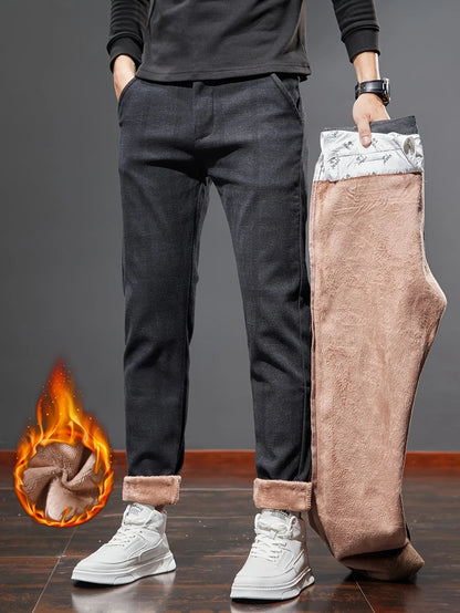 Men's Slim-Fit Plaid Casual Pants - Stretchy, Warm Fleece-Lined for Fall/Winter, Machine Washable