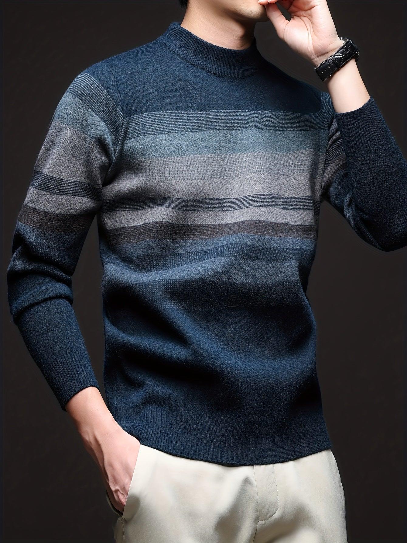 Men'S Thickened Sweater - Navy Blue & Gray Horizontal Stripes, Long Sleeve Round Neck Pullover for Fall/Winter, Casual & Formal Outfits - Everyday & Special Occasion Top, Knit