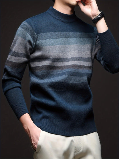 Men'S Thickened Sweater - Navy Blue & Gray Horizontal Stripes, Long Sleeve Round Neck Pullover for Fall/Winter, Casual & Formal Outfits - Everyday & Special Occasion Top, Knit