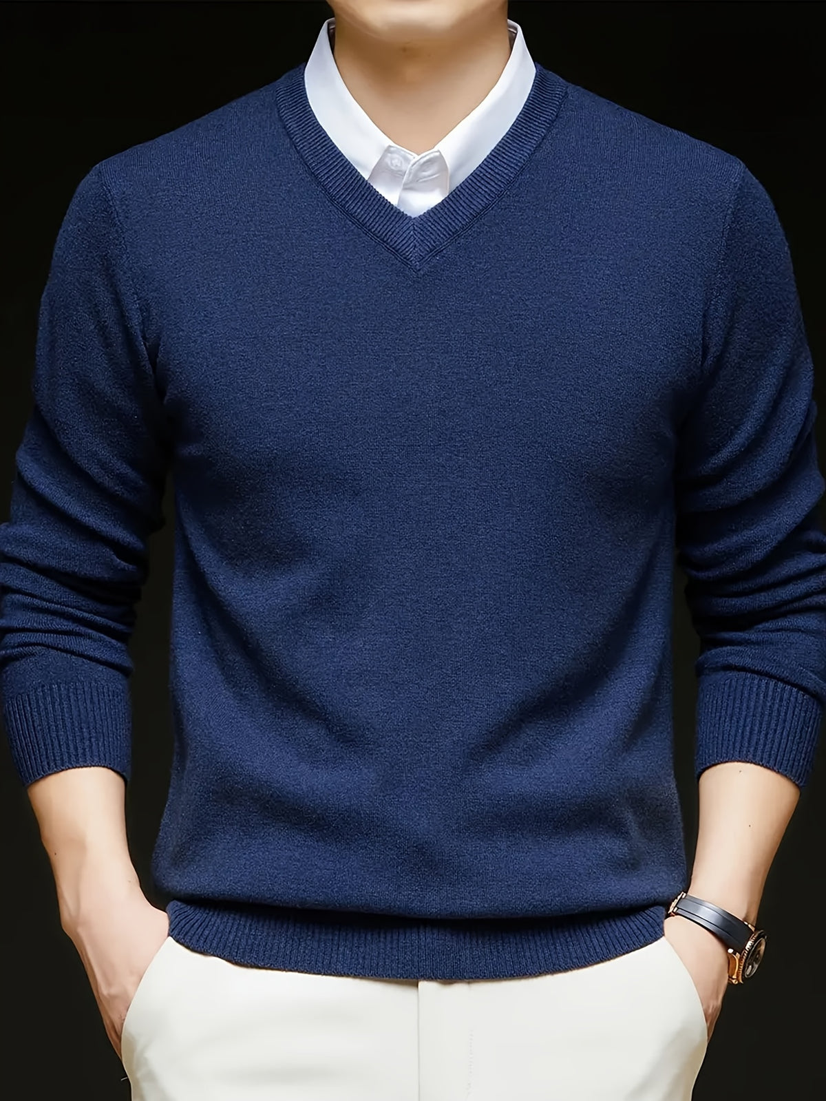 Cross-Border New Autumn Winter Men'S Solid Color V-Neck Knit Sweater Pullover (Men'S Warm Top)