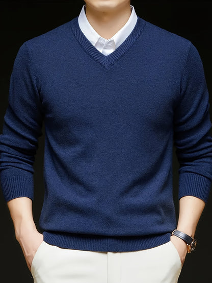 Cross-Border New Autumn Winter Men'S Solid Color V-Neck Knit Sweater Pullover (Men'S Warm Top)