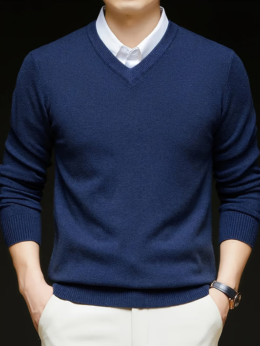 Cross-Border New Autumn Winter Men'S Solid Color V-Neck Knit Sweater Pullover (Men'S Warm Top)