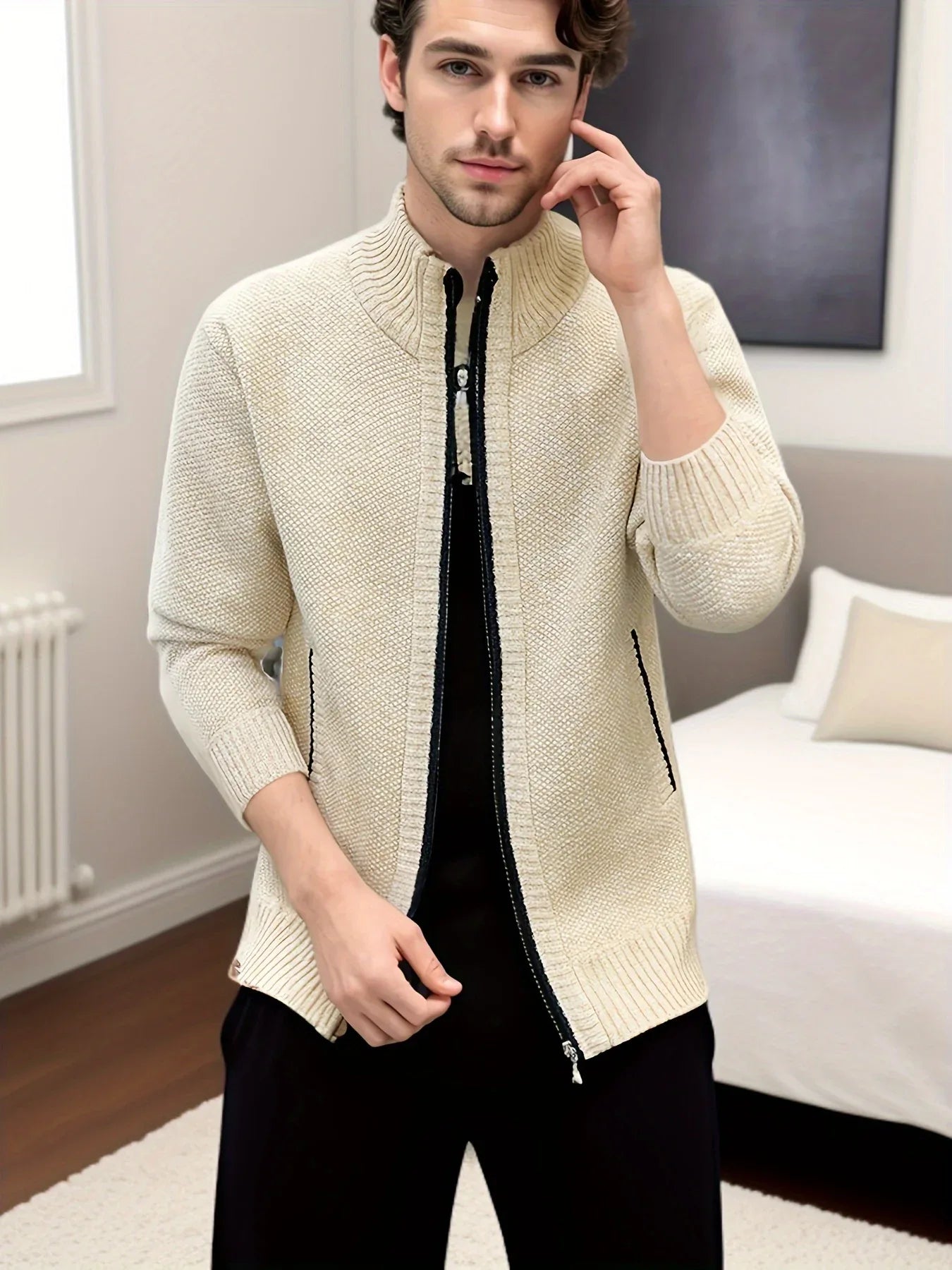 Men'S Knitted Cardigan Sweater | High Neck, Long Sleeve, Rib-Knit, All-Season, Casual Style