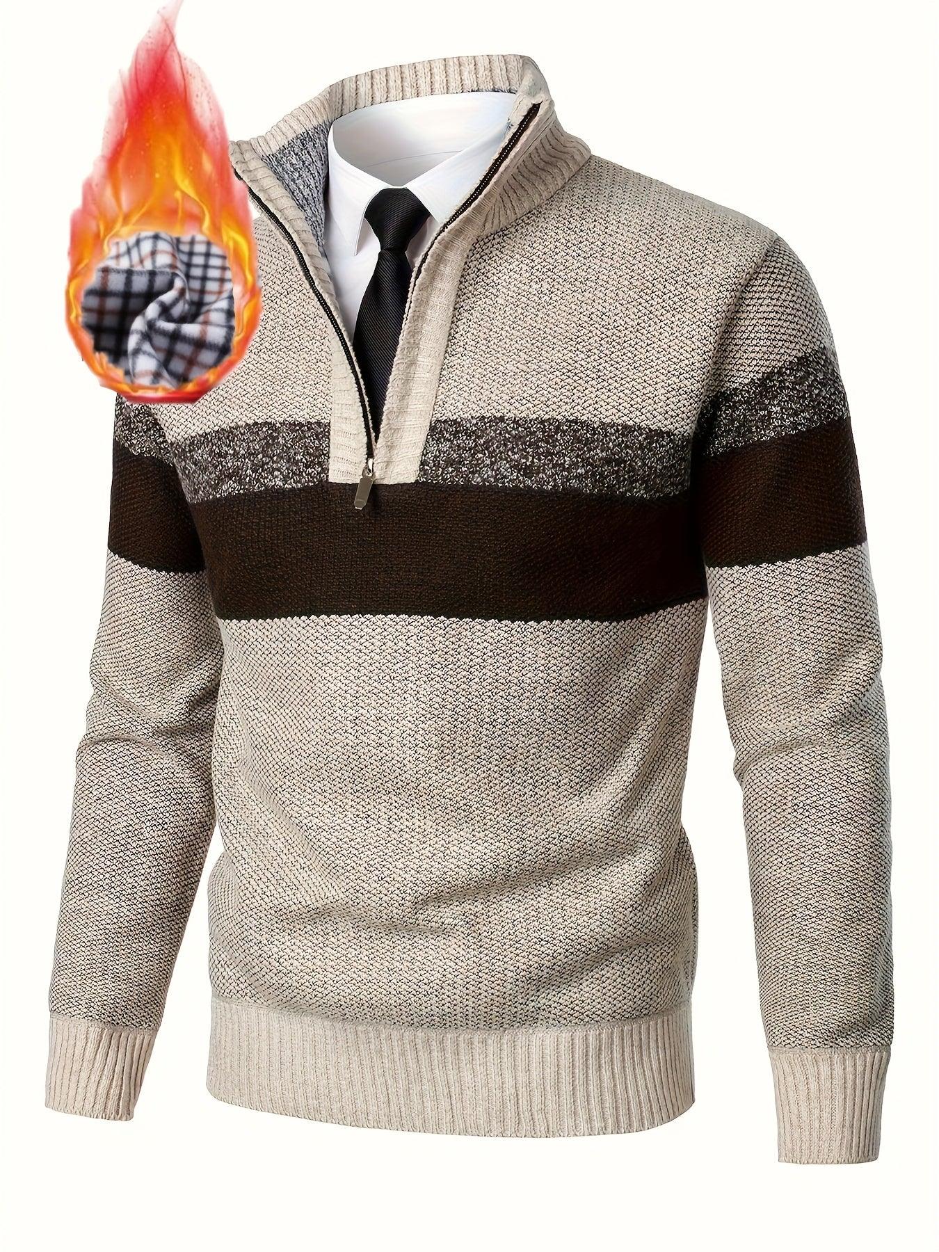 Men'S Color-Blocked Stand Collar Thickened Knitted Pullover Sweater