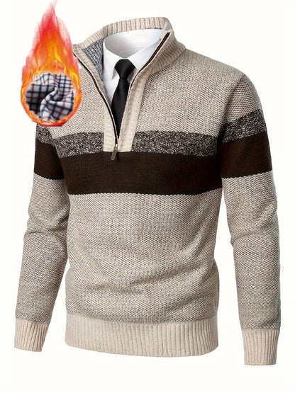 Men'S Color-Blocked Stand Collar Thickened Knitted Pullover Sweater