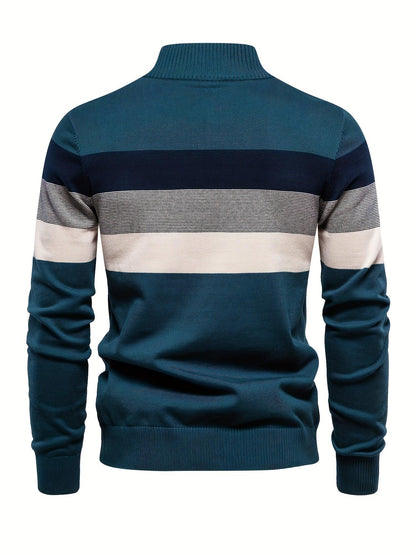 Men'S Thermal Stand Collar Sweater - Winter Knit Sweater with Zipper Closure, Black/Blue/Gray Horizontal Stripes, Regular Fit Pullover for Cold Weather, Formal & Everyday Outfits - Easy Care Sweater for Men, Sweater Zip Up, C