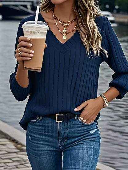 Women'S Cozy V-Neck Long Sleeve Sweater - Olive Green Ribbed, Loose Fit, Casual Style, Perfect for Fall/Winter, Casual Winter Wear|Vneck Sweater|Ribbed Texture