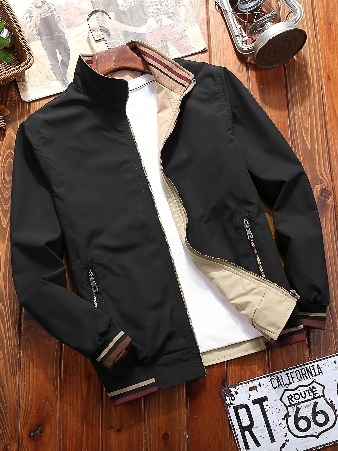 Men's Zip-Up Jacket with Stand Collar - Front Zipper Closure, Beige/ Navy Color Block, Lightweight Polyester Outer Coat for Casual & Formal Events - Machine Washable Everyday Outerwear