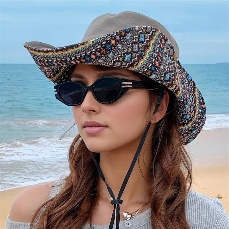 2-Way Adjustable Women's Bohemian Embroidered Sun Hat - Wide Brim Windproof Fisherman Hat with Vibrant Geometric Patterns, All-Season Outdoor Travel & Hiking Accessory for Beach, Mountaineering, Tourism, Fishing Hat, Mountain