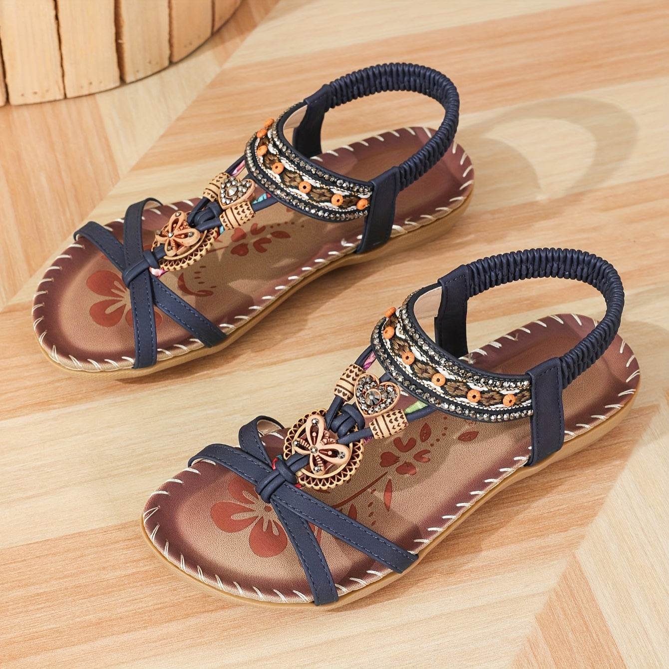 Women's Elegant Rhinestone Butterfly Flat Sandals - Comfortable Slip-On with Secure Elastic Strap for Summer - Montero Milan