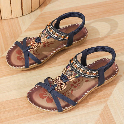 Women's Elegant Rhinestone Butterfly Flat Sandals - Comfortable Slip-On with Secure Elastic Strap for Summer - Montero Milan