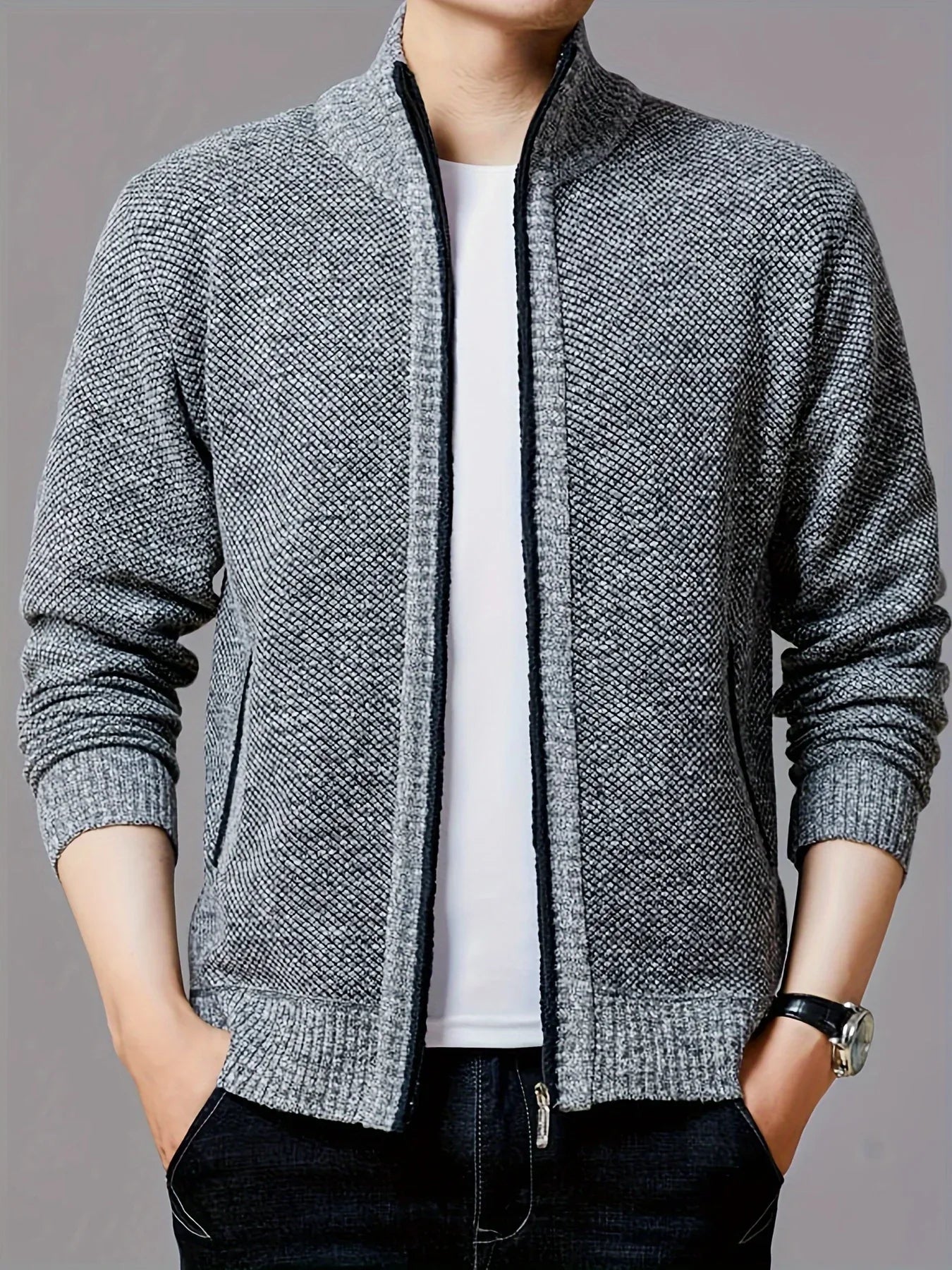 Men'S Thick Fleece Zip-Up Cardigan - Casual Long Sleeve Knit Sweater with Stand Collar, Solid Color, Regular Fit for Fall/Winter, Comfortable Layering Piece, Winter Cardigan, Autumn Outerwear, Modern Casualwear, Durable Fabri
