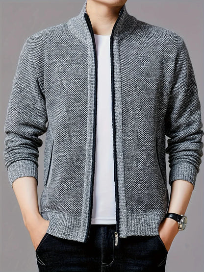 Men'S Thick Fleece Zip-Up Cardigan - Casual Long Sleeve Knit Sweater with Stand Collar, Solid Color, Regular Fit for Fall/Winter, Comfortable Layering Piece, Winter Cardigan, Autumn Outerwear, Modern Casualwear, Durable Fabri