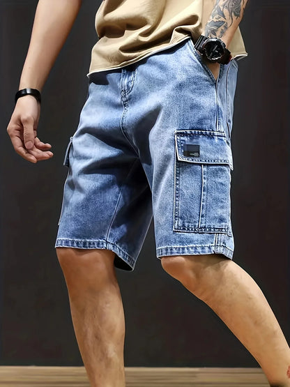 Men's Stretch Denim Shorts - Multi-Pocket Casual Streetwear with Knee-Length, Machine Washable Everyday & Formal Shorts for Urban Outfits - Non-See-Through Denim Construction