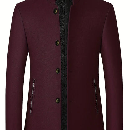 Men's Tweed Jacket with Stand Collar - Winter Warm Casual Coat, Single-Breasted Button Front & Pockets, Solid Color Tweed Fabric (Hand Washable) for Outdoor, Office, Smart-Casual - Versatile Cold-Weather Outerwear