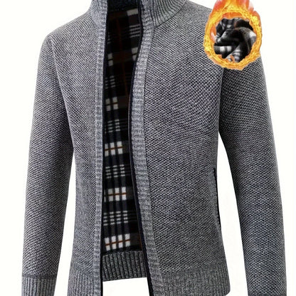 Men'S Thick Fleece Zip-Up Cardigan - Casual Long Sleeve Knit Sweater with Stand Collar, Solid Color, Regular Fit for Fall/Winter, Comfortable Layering Piece, Winter Cardigan, Autumn Outerwear, Modern Casualwear, Durable Fabri
