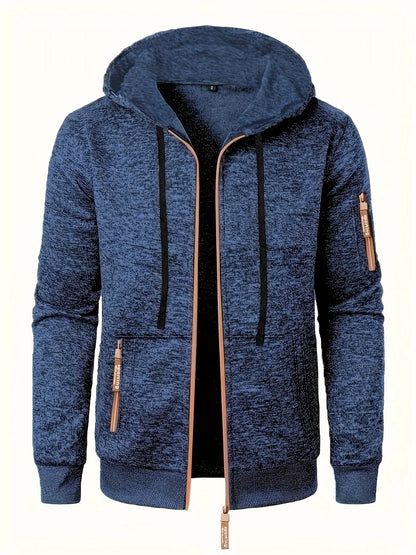 Men'S Hooded Zip-Up Sweater Jacket - Long Sleeve Thin Fleece-Lined Casual Outerwear with Front Pockets, Solid Black, Regular Fit for Fall & Winter, Autumn Winter Apparel | Hooded Sweater | Zippered Jacket, Knit, Men Hoodie Zi