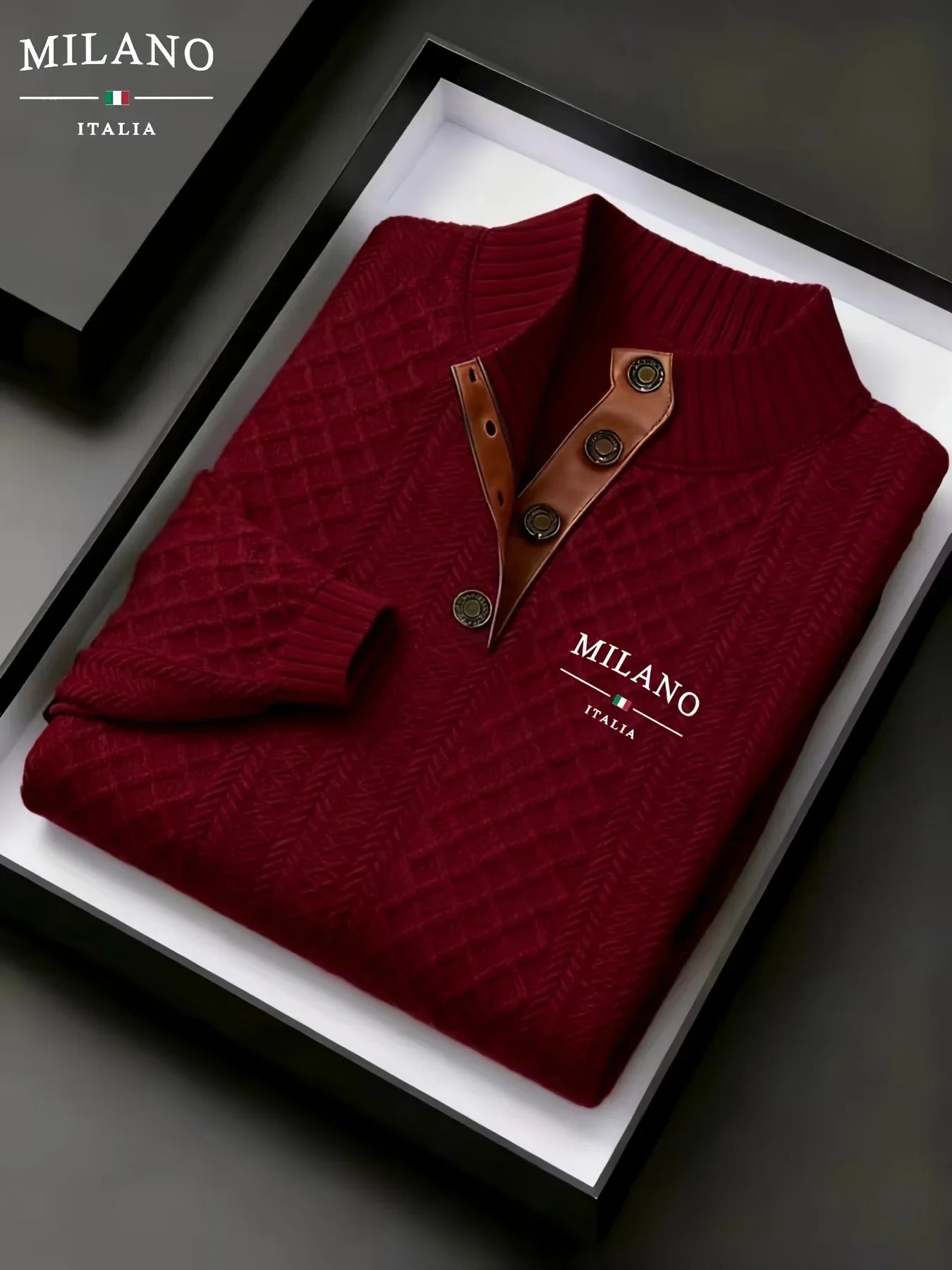 Men'S Autumn-Winter Christmas Stand Collar Jacquard Knit Sweater | Casual Style, 280g/m², High Collar, Button Details, Suitable for Outdoor Leisure and Holiday Gifts