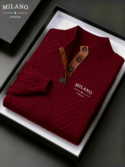 Men'S Autumn-Winter Christmas Stand Collar Jacquard Knit Sweater | Casual Style, 280g/m², High Collar, Button Details, Suitable for Outdoor Leisure and Holiday Gifts