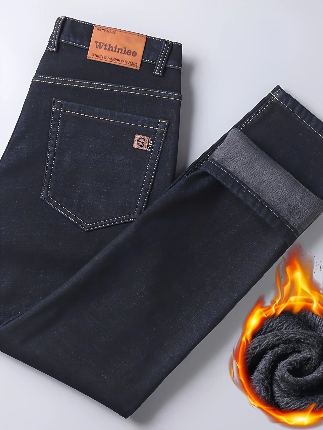Men'S Heavy-Duty Thermal Faux Denim - Winter Warmth Thickened Pants with Straight-Leg Fit, Classic Blue Washed Look for Work, Casual & Formal Outfits - Non-Stretch Faux Denim for Cold Weather (Fall/Winter), Winter Faux Denim,