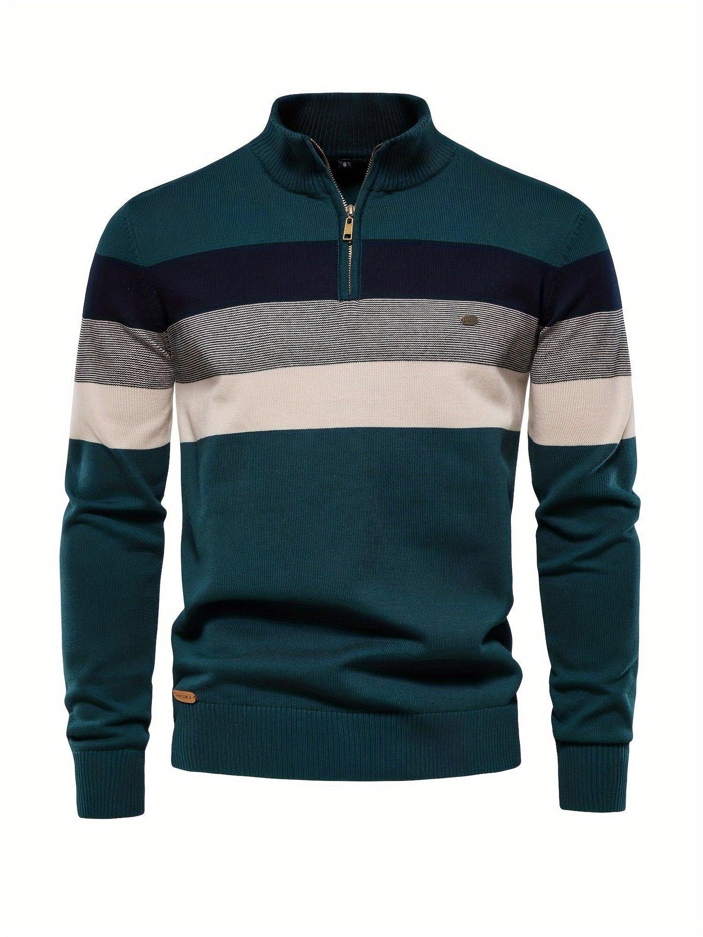 Men'S Thermal Stand Collar Sweater - Winter Knit Sweater with Zipper Closure, Black/Blue/Gray Horizontal Stripes, Regular Fit Pullover for Cold Weather, Formal & Everyday Outfits - Easy Care Sweater for Men, Sweater Zip Up, C