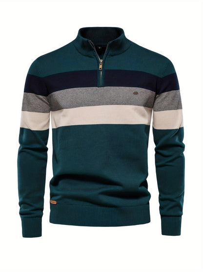 Men'S Thermal Stand Collar Sweater - Winter Knit Sweater with Zipper Closure, Black/Blue/Gray Horizontal Stripes, Regular Fit Pullover for Cold Weather, Formal & Everyday Outfits - Easy Care Sweater for Men, Sweater Zip Up, C