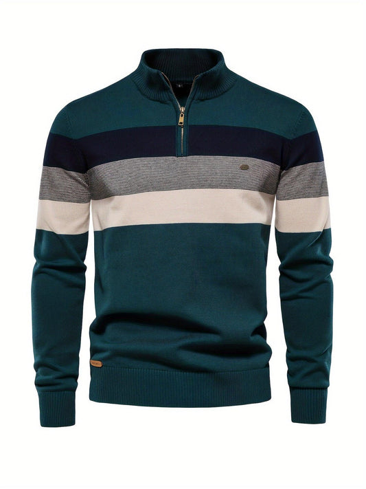 Men'S Thermal Stand Collar Sweater - Winter Knit Sweater with Zipper Closure, Black/Blue/Gray Horizontal Stripes, Regular Fit Pullover for Cold Weather, Formal & Everyday Outfits - Easy Care Sweater for Men, Sweater Zip Up, C