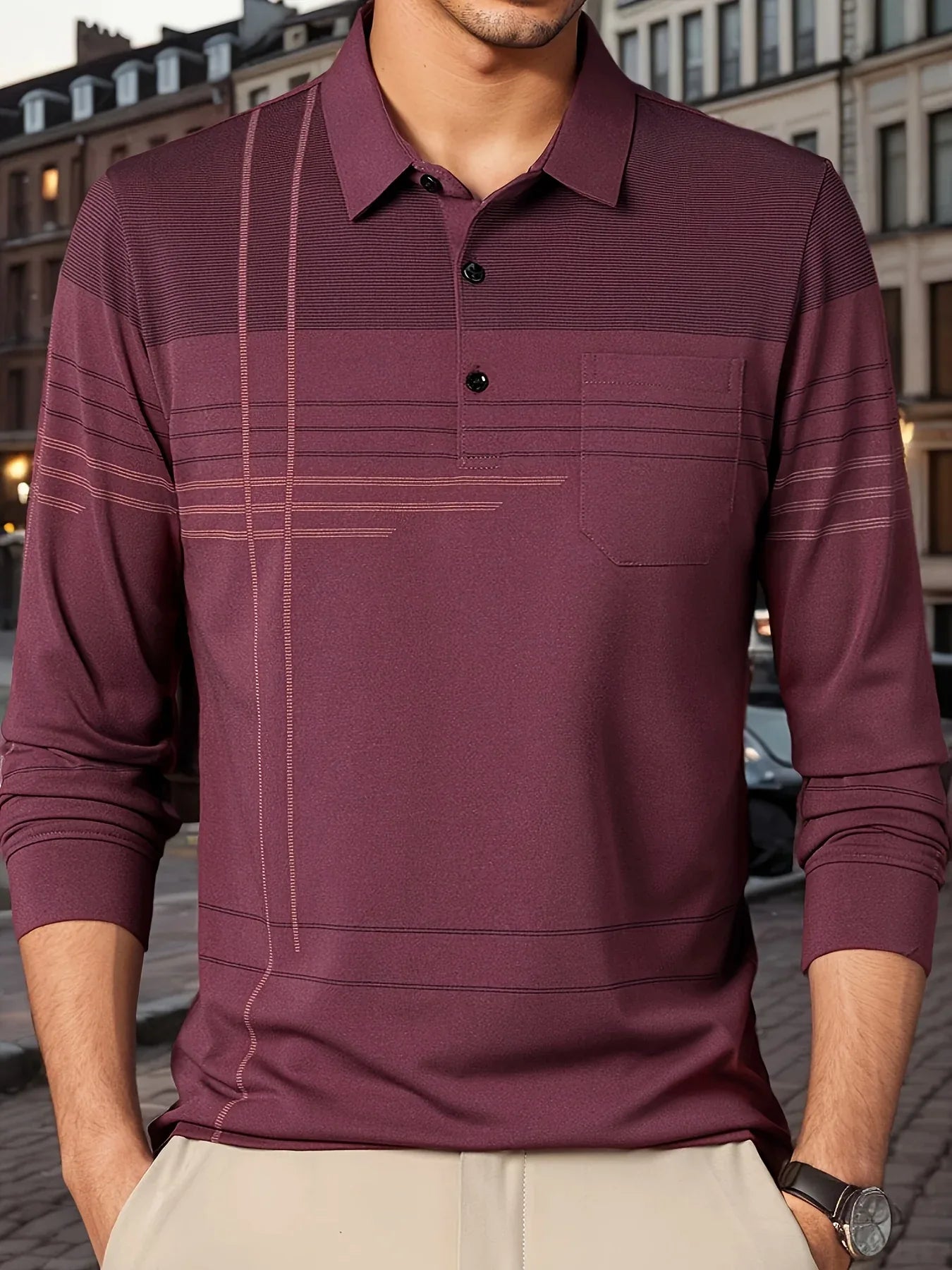 Men's Vintage-Inspired Striped Shirt with Chest Pocket - Breathable, Long Sleeve, Button Detail for Golf & Outdoor Activities