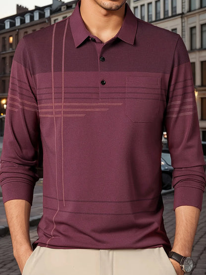 Men's Vintage-Inspired Striped Shirt with Chest Pocket - Breathable, Long Sleeve, Button Detail for Golf & Outdoor Activities