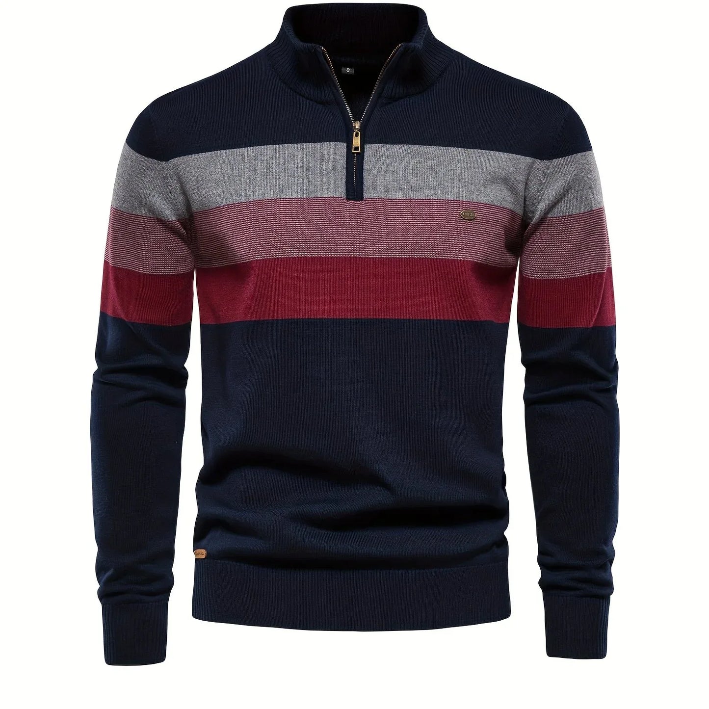 Men'S Thermal Stand Collar Sweater - Winter Knit Sweater with Zipper Closure, Black/Blue/Gray Horizontal Stripes, Regular Fit Pullover for Cold Weather, Formal & Everyday Outfits - Easy Care Sweater for Men, Sweater Zip Up, C