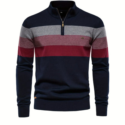 Men'S Thermal Stand Collar Sweater - Winter Knit Sweater with Zipper Closure, Black/Blue/Gray Horizontal Stripes, Regular Fit Pullover for Cold Weather, Formal & Everyday Outfits - Easy Care Sweater for Men, Sweater Zip Up, C