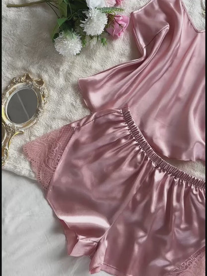 Solid Satin Lace Pajama Set